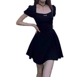 Black A-Line  Dress Women's Square Collar Pure Desire Fashion Design Slimming Waist Short Length Cotton Linen Blend