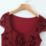 2025 New Summer Flocking Flower Sweet Chic Tight Dress Square Collar Retro Short Dress Double Layer Mesh Sweet Chic Women Dress
