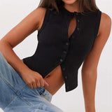 Vintage Ribbed Women Button Tank Tops Casual Summer Solid Color Sleeveless Crop Tops Basic Vest Y2K Aesthetic Clothes Streetwear