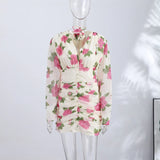Pbong  Chic Lady Printed Dress 3D Floral Lace Up Long Sleeve V-neck Cinched Waist Female Dress Summer Vacation Streetwear New