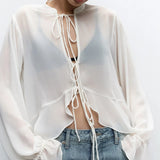 Pbong  White Bandage See Through Blouses Women Clothing Flare Sleeve Vintage Ruffled Shirts  Loose Fashion Top