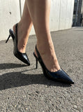 Pbong  Black Closed-Toe High Heels for Women, New Spring and Autumn Patent Leather Backless Shoes, Stiletto French-Style High Heels Sandals