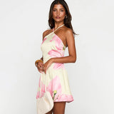 Halter Contrast Print Dress For Women Lace Up Fashion Slim Mini Dress A-line Vacation Party Dress Female Elegant New