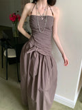 Ruched Backless Halter Maxi Dress For Woman Summer 2025 Tunic Ball Gown Strapless Long Dress Elegant Party Clothes