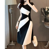 French Temporary Simple Fashion High End Short Sleeved Dress Summer New Round Neck Waist High-end Black White Patchwork Dresses