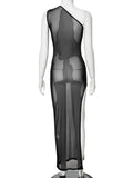 Sexy Sleeveless One Shoulder Printed See Through Mesh Dresses for Women Summer High Slit Slim Black Beach Holiday Dress