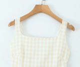 Pbong  Sexy Yellow White Plaid Square Collar Sling Midi Dress Women Cross lacing Up Back Low Waist Ruched Swing Tank Dresses Robe