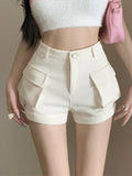 Pbong  Korean Casual Cargo Shorts Women Pockets High Waist Streetwear Shorts Summer All Match Lady Simple Solid Slim Cargo Shorts