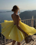 Sexy Backless Lace-up Loose Pleated Hem Mini Dress Women Sleeveless High Waist A-line Dresses New Yellow Vocation Partywear