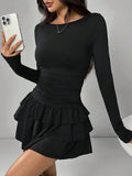Pbong  New Autumn Winter Solid Color Cascading Ruffles Mini Dress Women Elegant Flare Sleeve High Waist Sexy Party Bodycon Dresses