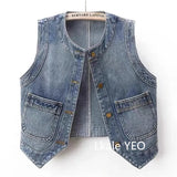 New Ladies Denim Vest Jacket 2025 Summer Retro Versatile Women's Waistcoat Tops Round Neck Sleeveless Female Cowboy Horse Clip