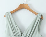 Pbong  Summer Elegant Chic Mini Dresses Green V-neck Backless Women Sleeveless Sexy Tiered Ladies Party Dress Vestidos New