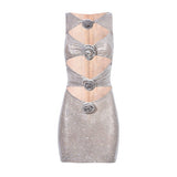 Fashion Hollow Out Bodycon Dresses Women Sexy Sleeveless 3D Flower Sequin Vestidos Chic Slim NightClub Party Suspended Dress