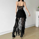 Pbong  Women Dress Sexy Patchwork Mesh Strapless Irregular Waist Ruffled Split Black Dresses Fashion Night Party Vestidos