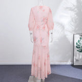 Pbong   Elegant Women Printed Long Dress Fashion Half Sleeve V-neck Floral Cinched Waist Female Dresses Summer Lady Robe New