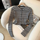 Women's Cropped Cardigan Long Sleeve Button Down Jacket Striped Single Breasted Fitted Knit Top Teen-girl Y2K Grunge Outfit