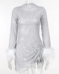 Autumn Bling Glitter Long Sleeve Side Slit Sexy Mini Dresses For Women Feather New Fashion Party Clubwear Y2K Fall Outfits