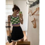 Pbong  Checkerboard Knit Tank Top for Women Contrast Color Crew Neck Sleeveless Crop Sweater Vest Teengirl 90s Y2K Spring Summer Outfit