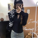 Half Lace Up Sweater for Women Long Sleeve Slim Fit Knitted Tops Pullovers Femal Lace-up Jumper Autumn Winter Y2K Outfit