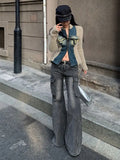 Fashion Streetwear Side Pockets Cargo Denim Pants Swxy Low Waist Punk Harajuku Women Trousers Y2k Aesthetic Flare Long Bottoms