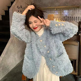 Women Sweet Cute Faux Lamb Coat Winter Warm Thick Slim Long Sleeve Vintage Jacket Korean O Neck Elegant Pearls Buttons Tops New