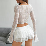 Pbong  Sexy Ruffled Lace Corset T Shirts Transparent Slim Long Sleeve Mesh Shirts Streetwear Sweet Lace Crop Tops Women Summer