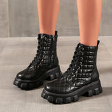 Pbong  New Fashion Winter motorcycle Boots For Women Lace-up Mid-calf Boots Black White Winter Spring Pu Hiking Shoes