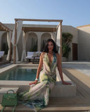 Women Fashion Tie Dye Printing Sheer Maxi Dress Sexy Pleated Deep V-neck Bodycon Maxi Dresses Vocation Beach Party Robe