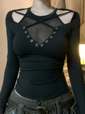 Darkly Punk Cothic Women Long Sleeve T-Shirt Patchwork Chic Fabric Cut Out O-Neck Top Tees Slim Sexy Solid Tops