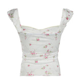 Floral Print Ruffles Prairie Chic Halter Tops Women Cute Sweet Bow Lace Up Causal Gentle Women Camisole Shirts