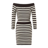 Pbong  Sexy Off Shoulder Striped Knit Package Hip Dress For Women Long Sleeve With Belt Bodycon Mini Dresses New Autumn Robe