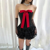 Pbong  Bow Sexy Bra Dresses for Summer Women's Dress with Sleeves New Skinny High Waist Sexy Layered Ruffle Edge Mini Dress for ladies