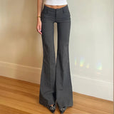 Pbong  Grey Low Waisted Flared Pants Female Y2K High Street Retro Wide Leg Trousers Fashion Slim Pocket Office Lady Suit Pants