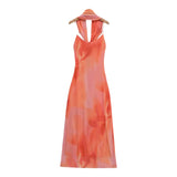 New Women's Fashionable Backless Design V-neck Thin Strap Printed Scarf Decorated Long Dress Elegant Gentle Style Casual
