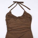Vintage Brown Halter Neck Mesh Dress