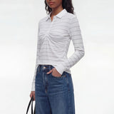 American Simple All Match Turn Down Collar Long Sleeve T Shirts Y2k Constrast Color Striped Pleated Clothes Harajuku French Tops
