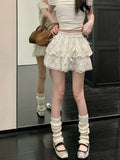 Coquette White Lace Short Skirt Ruffle Women Sweet Bow Kawaii Mini Skirts Patchwork Layered A-line Aesthetics Skirt