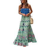 Pbong  Women's Summer Y2K Flowy Boho Vintage Aesthetic Printed Ruffled Hem Tassels Drawstring Waist Flowy A-Line Long Skirts