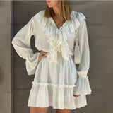 Deep V Neck Folds Dress Women Fashion Ruffle White Loose Long Sleeve Dresses Femme Street Casual Elegant Mini Dress Woman