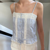 Vintage Lace Patchwork Cami Tops Cottage Plaid Print Button Down Crop Tops Women Sleeveless Shirt Vest Fairy Cute Y2k Clothes