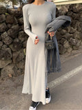 Solid Color Simple Basic Long Dress Gray Black Casual Spring Autumn Dress Elegant Chic Round Neck A-line Ribbed Dress 2025 New