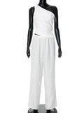 Fashion White Pant Sets Women's Sleeveless Slanted Shoulders Back Hollow Vest Lace Up Casual Trousers Two Pieces Set Lady