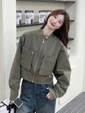 Streetwear Y2K Cropped Cargo Jacket Women Vintage Loose Pockets Harajuku Short Coat American Casual Fall O Neck Long Sleeve Tops