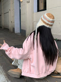 Pink Faux Suede Jacket Women Sweet Long Sleeve Vintage Streetwear Baseball Coat Fall Casual Retro American Y2K Lady Outwear