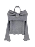 Autumn Winter American Halter Draped Flower Design Sweaters Y2k Korean Simple All Match Slim Pullovers Off The Shoulder Clothes