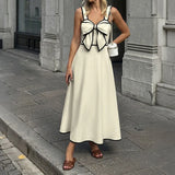 Pbong  Summer Contrast Color Bow V Neck Sweet Temperament High Waist All Match Fashion Dresses