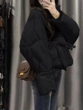 Women Fall Winter Jacket Bow Outwear Vacation Attire Black Casual Stand Collar Puffer Bow Jacket Solid Christmas Business Coat
