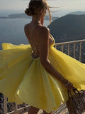 Sexy Backless Lace-up Loose Pleated Hem Mini Dress Women Sleeveless High Waist A-line Dresses New Yellow Vocation Partywear