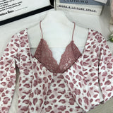 Pbong   Hot Girl Leopard Printed T-shirt Long Sleeve Women Spring Summer New Knot Waistline Slim-fit T-shirt Lace Patchwork Halter Tops