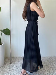 Dress for Women Vintage Dress Women Round Neck Sleeveless Pleated Dresses Female Korean Solid Slimming Lace Up Long Dresses
